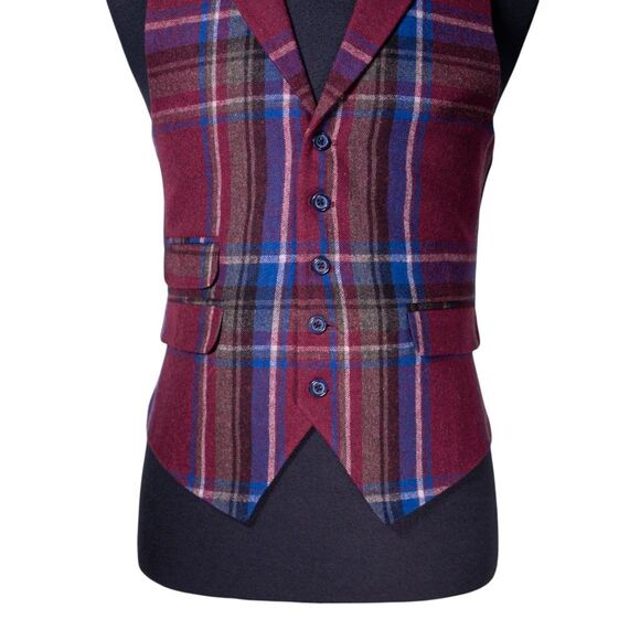 Mens Plaid Vest 40R Burgundy Blue Wool Waistcoat Boho Casual Preppy Wedding - Picture 5 of 10